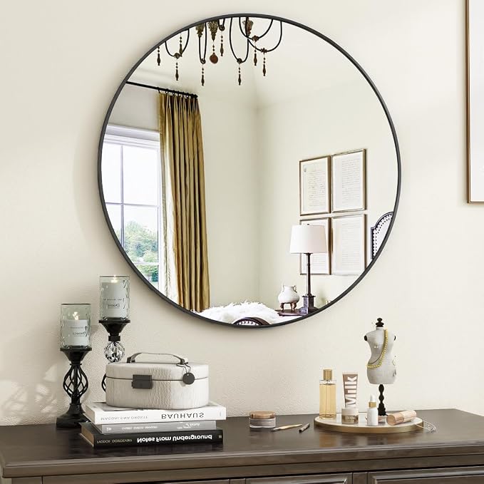 VooBang Black Round Bathroom Mirror, 20 inch Circle Wall Mounted Hanging Mirror by VooBang
