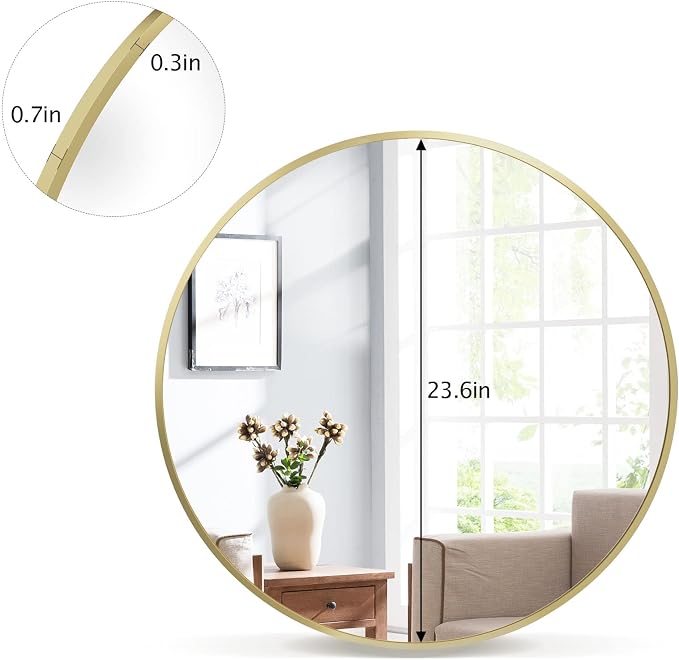 VooBang Round Mirror 23.6" Gold Wall Mounted Circle Mirrors Vanity Mirror - Image 6
