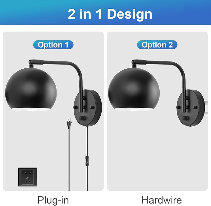 VATONI Dimmable Wall Sconces Set of 2, Plug in Wall Sconces Swing Arm Wall - Image 6