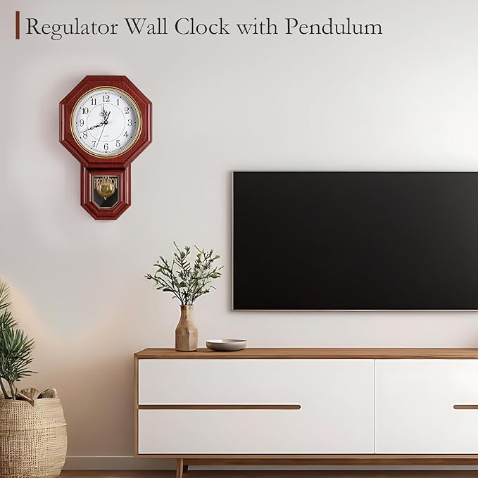 Regulator Wall Clock with Pendulum, Imitation Red Wood Plastic Wall Clock - Image 2