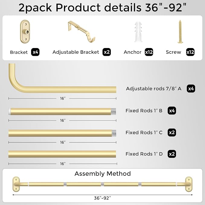 2 Pack Curtain Rods 36-88 Inch, 1 Inch Adjustable Heavy Duty Room Darkening - Image 7