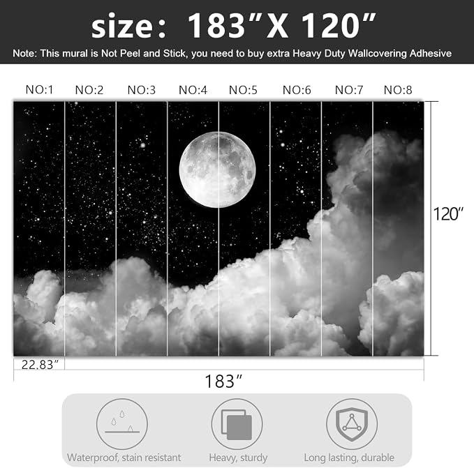 -Gray Galaxy Universe Moon Fabric Wallpaper Ceiling Starry Night White Clouds - Image 4
