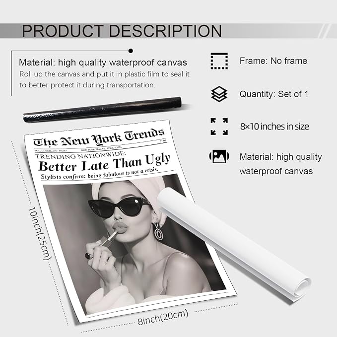 Trendy Newspaper Posters Better Late Than Ugly Wall Art Vintage Black And White - Image 2