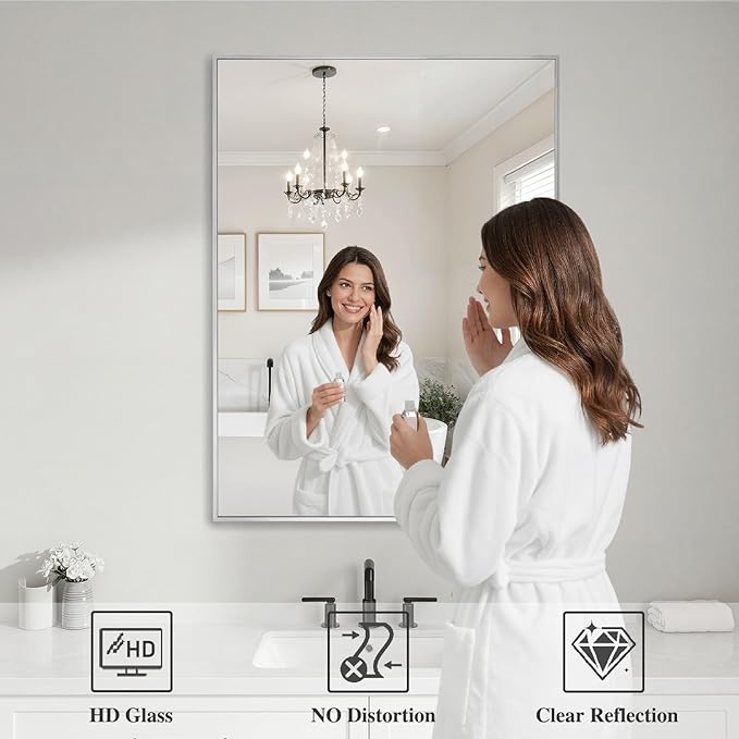Koonmi Silver Rectangle Wall Mirror, 26x38 Inch Bathroom Mirror, Aluminum Frame - Image 3