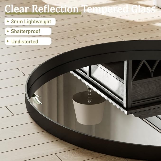 VooBang 24 inch Round Bathroom Mirror, Balck Modern Circle Wall Mounted Mirror - Image 3