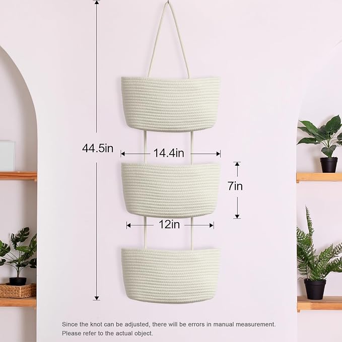 TeoKJ Over the Door Hanging Basket, 3-Tier Woven Cotton Wall-Mounted Storage - Image 8