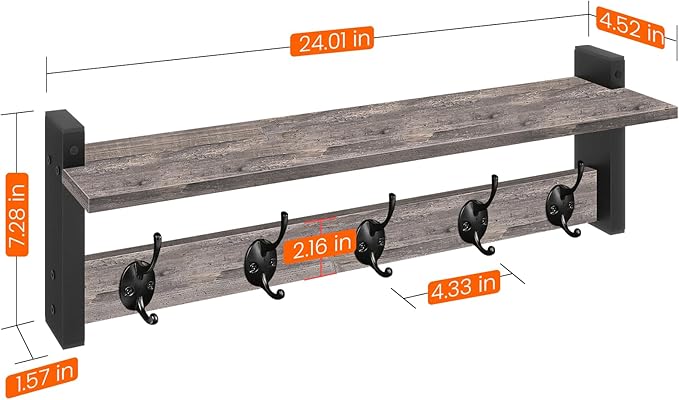 Homode Wall Hooks With Shelf, 24 Inch Coat Rack Wall Mount - Image 8
