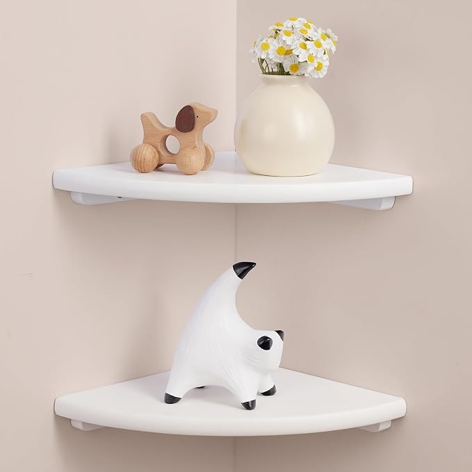 Gieanoo Floating Corner Shelves Set 2 9inch White Solid Oak Rounded Corner by GIEANOO