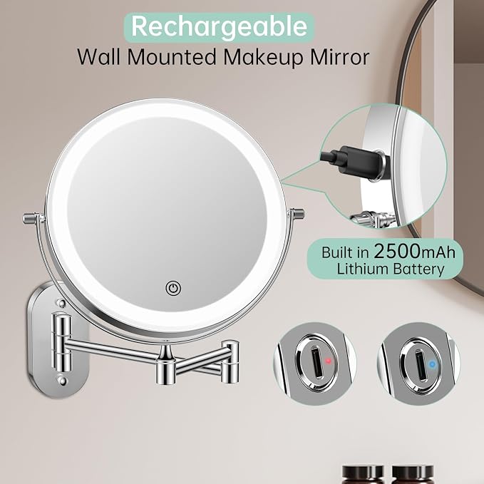 FUNTOUCH 2500mAh Rechargeable Wall Mounted Lighted Makeup Vanity Mirror 8 Inch - Image 3