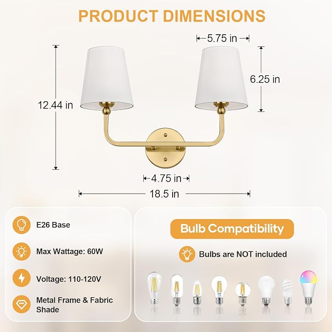 MOKATNG Bathroom Light Fixtures, 2-Light Brushed Gold Vanity Lights, Bathroom - Image 7