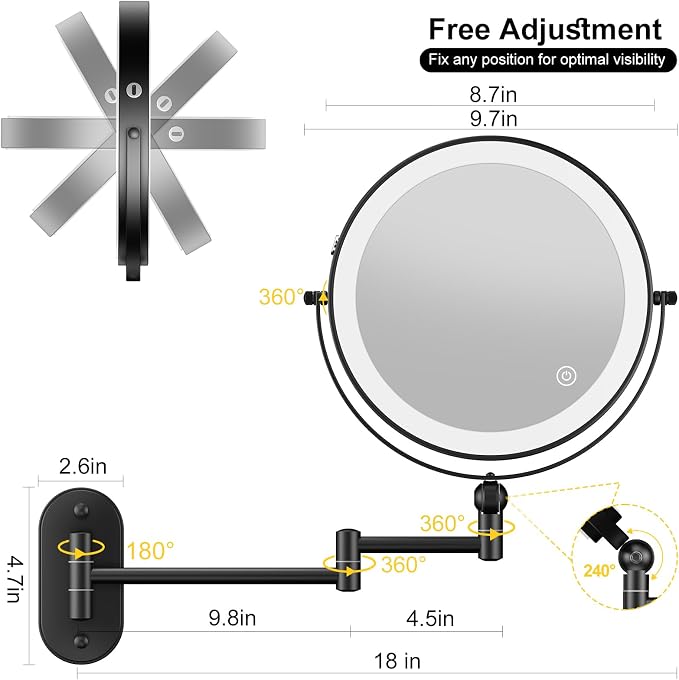 9" Wall Mounted Lighted Makeup Mirror, 4000mAh Rechargeable Double Sided 1X/10X - Image 6