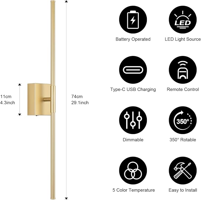Battery Operated Wall Sconce, 3000K-6000K Dimmable Gold Wall Lights - Image 6