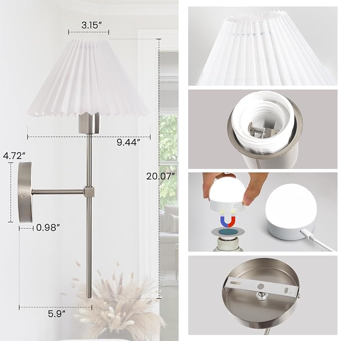 Wireless Wall Sconce Sets of 2, Pleated Shades Rechargeable Battery Operated - Image 5