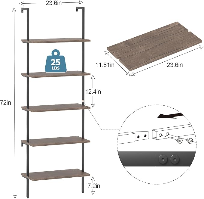 aboxoo Ladder Shelf Open Bookshelf 5-tier Wood Wall-mounted Bookcase Storage - Image 3