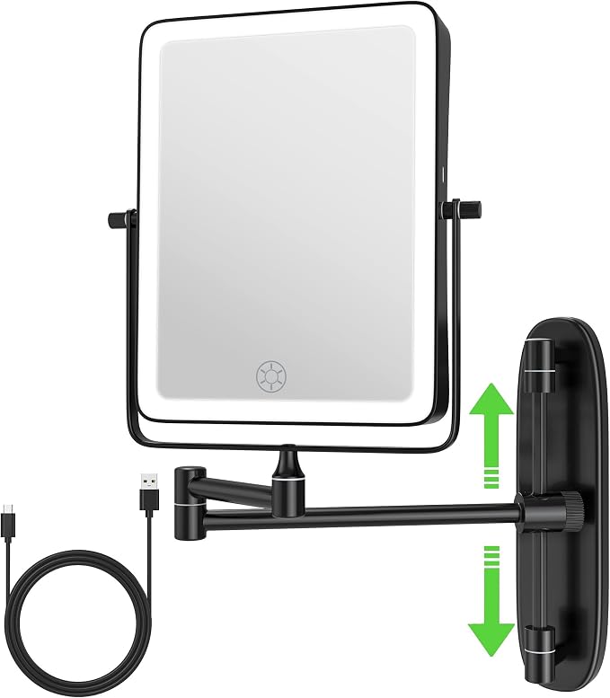 Wall Mounted Lighted Makeup Mirror, Rectangle Double Sided 1X/10X Magnifying by Qimh
