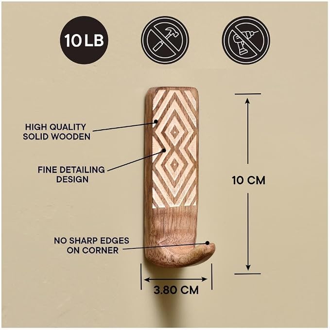 IndianShelf 10 LB- 6 Pieces Decorative Wood Adhesive Wall Hooks–Boho Peel and - Image 7