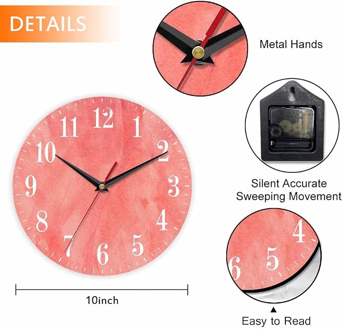 Mxocom Coral Red Wall Clock Magenta Pastel Artistic 10 Inch Silent Non Ticking - Image 2