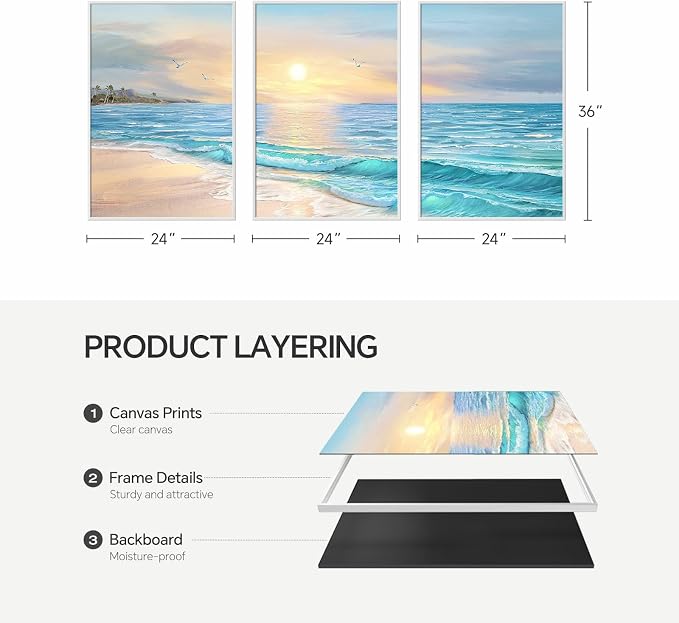 Framed Coastal Beach Wall Art for Living Room, Large 3 Piece Blue Ocean Canvas - Image 8