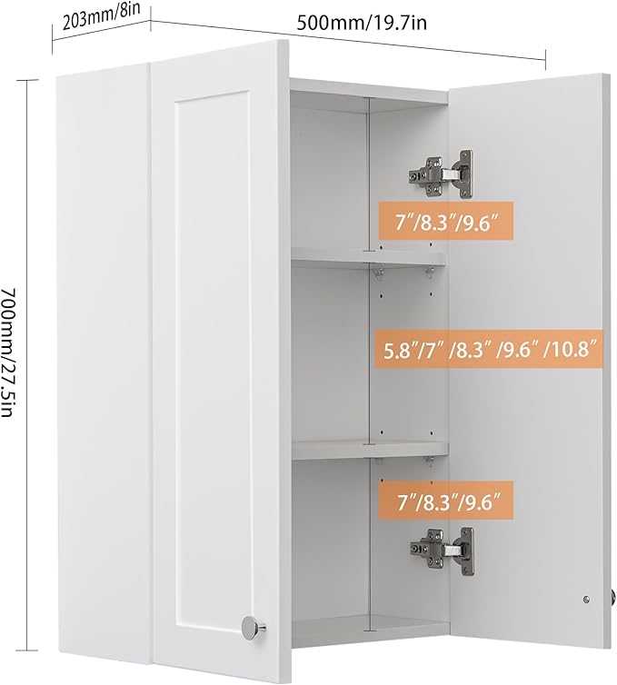 VANIRROR White Wall Mount Cabinet, MDF Over the Toilet Storage Cabinet - Image 2