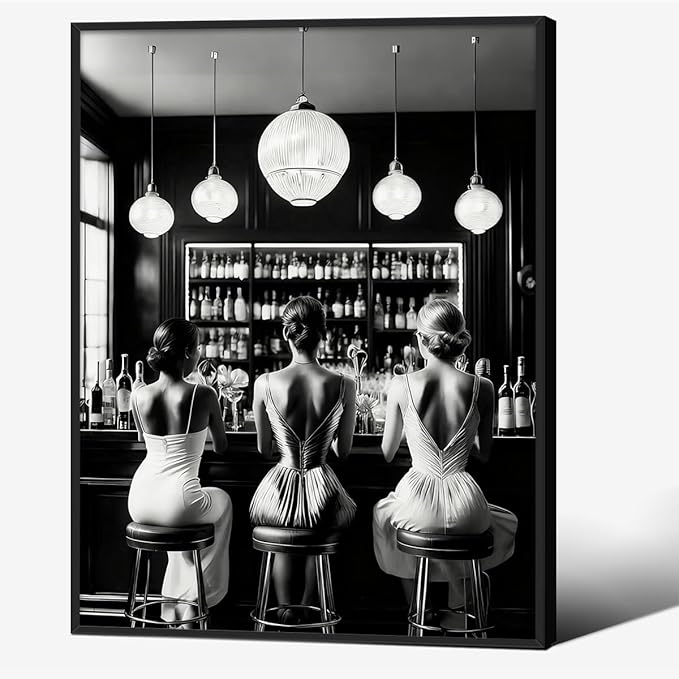 Vintage Black and White Black Framed Wall Art Trendy Women Drink Cocktail by FuSatisYilife