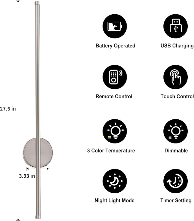 Battery Operated Modern Wall Sconces, Dimmable Wireless Wall Light Set of Two - Image 4