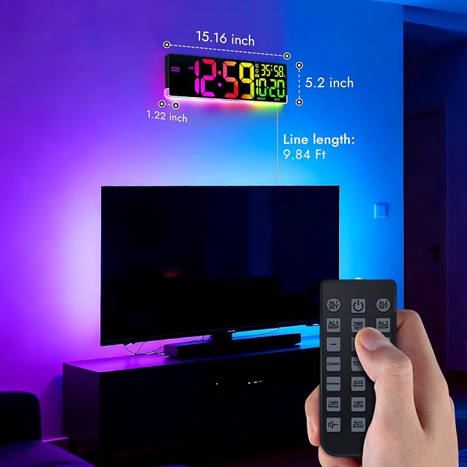 16.5" Large Digital Wall Clock: 11 Screen Colors and 13 U-Shaped RGB Backlight - Image 3