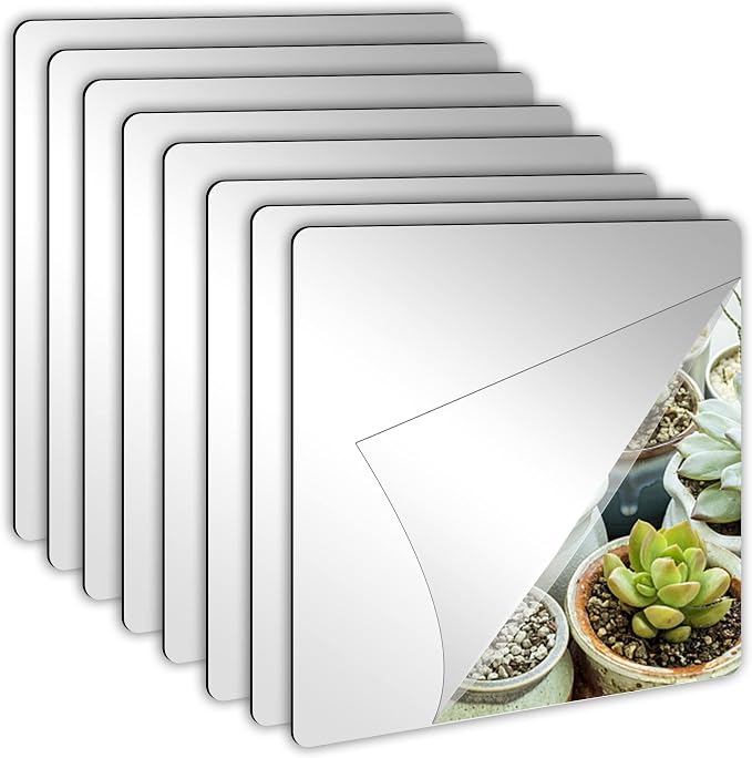 JUNEBRUSHS 8 Pack Self Adhesive Acrylic Mirror, 8 x 8 Inch Tiles, Flexible by JUNEBRUSHS