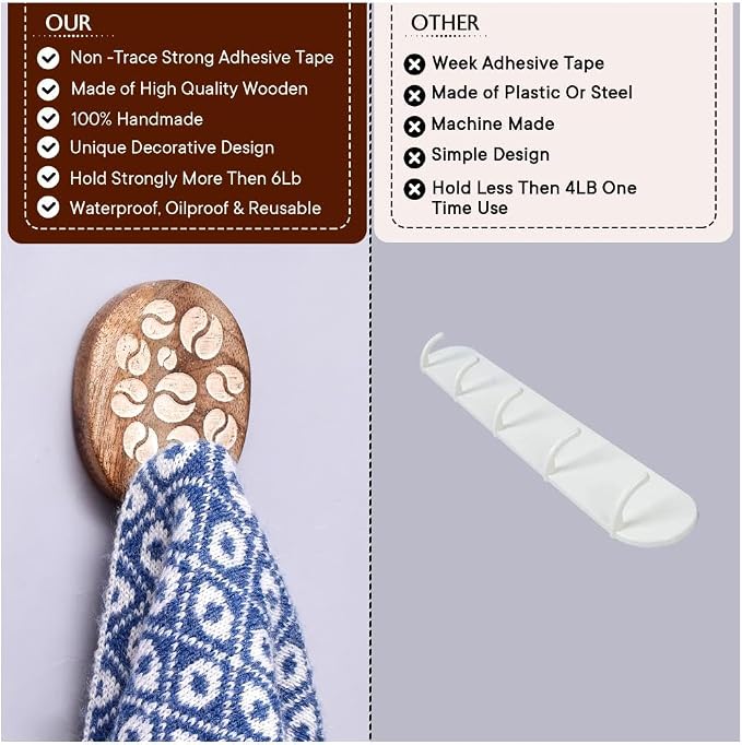 Indian Shelf 6 Lb- 6 Pieces Decorative Wood Adhesive Wall Hooks–Boho Peel and - Image 4