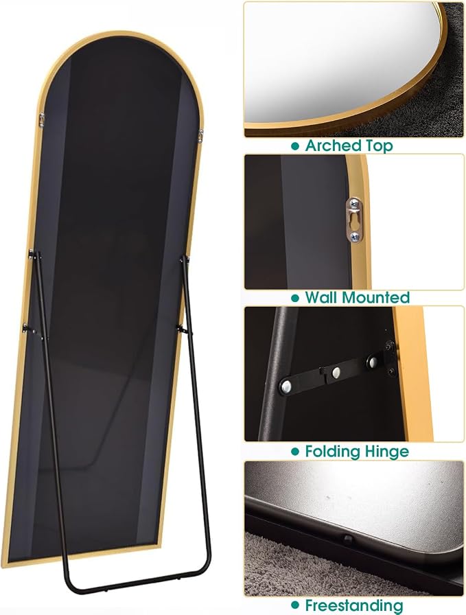 Arched Mirror - Full Length, Standing or Wall Mounted, Aluminum Frame - Gold - Image 5
