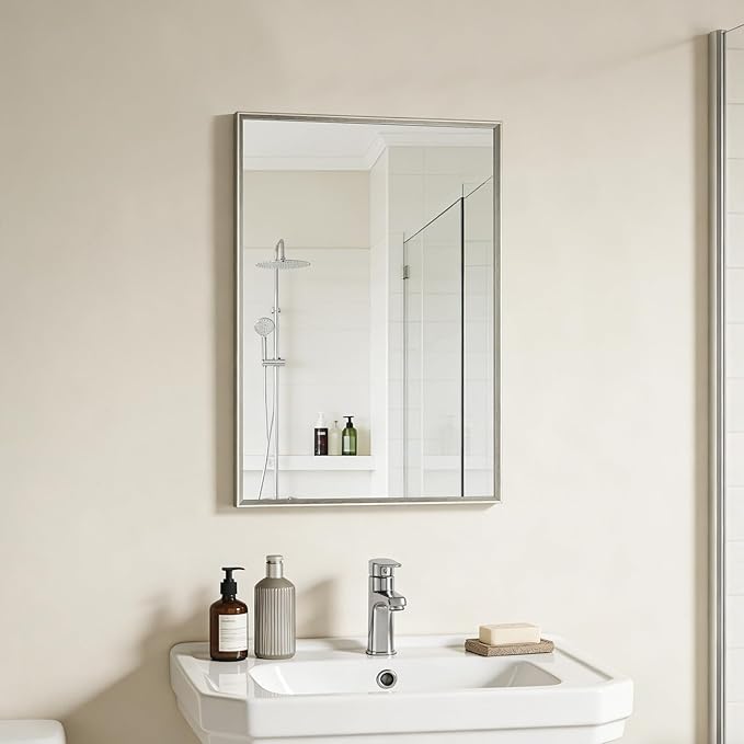 Bathroom Mirror for Wall, 16x24 Inch Metal Framed Mirror, Brushed Nickel - Image 3