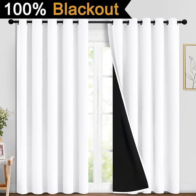 Yakamok Pure White 100% Blackout Curtains, 2 Thick Layers Completely Blackout - Image 2