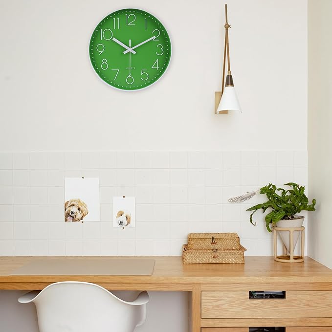 jomparis Modern Office Green Decor Wall Clock 12" Silent & Non-Ticking Battery - Image 2