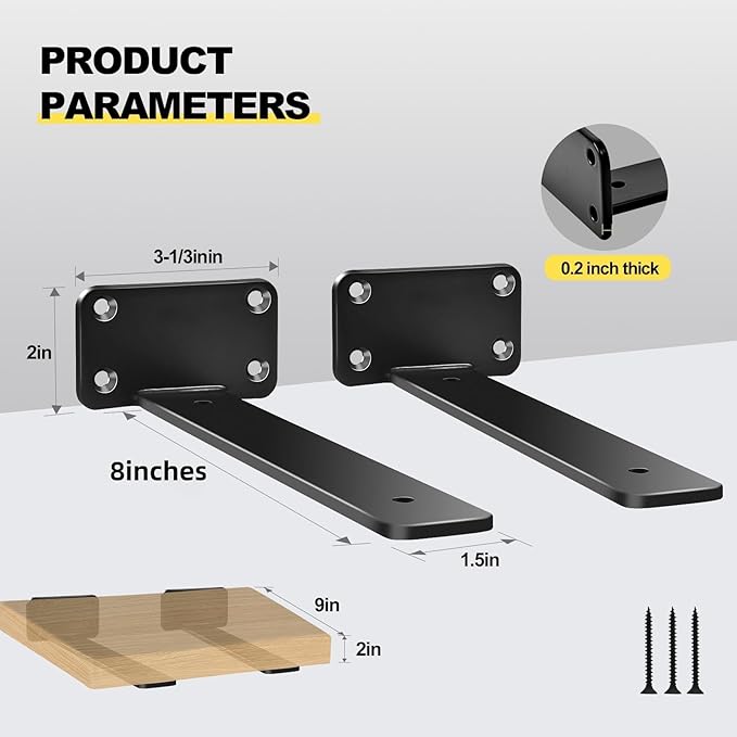 12 Pack - 8 inch Black Hidden L Shelf Bracket Iron Floating Shelf Brackets - Image 2