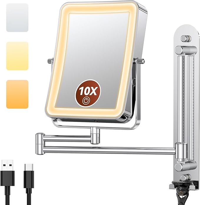 Height Adjustable Wall Mounted Lighted Makeup Mirror by Unknown