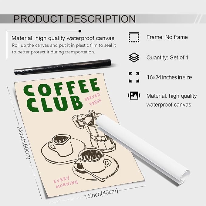 PDFI Kitchen Wall Art Coffee Club Canvas Print Vintage Coffee Artwork Posters - Image 2
