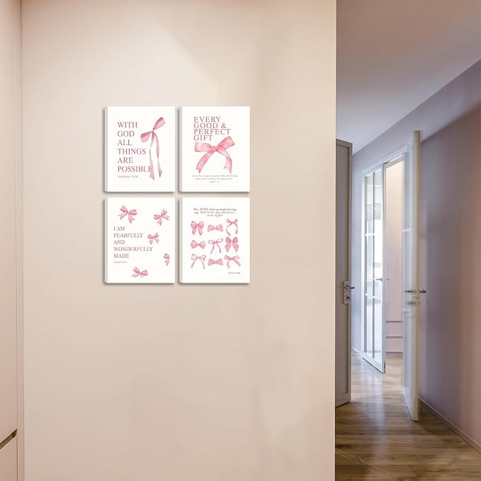 SEHSUVC Coquette Pink Bow Bible Verse Wall Art Set of 4, Christian Scripture - Image 5