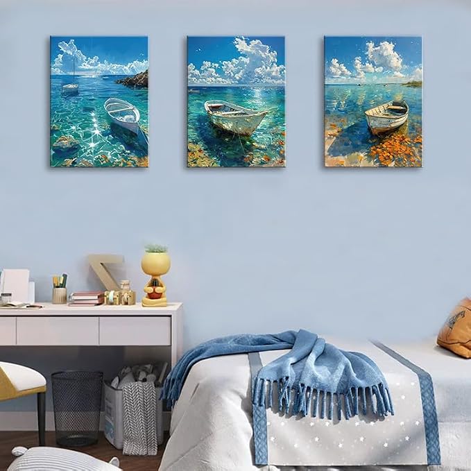 weiyiart Beach Decor Canvas Wall Art Blue Ocean Boat on the Sea Print Painting - Image 6