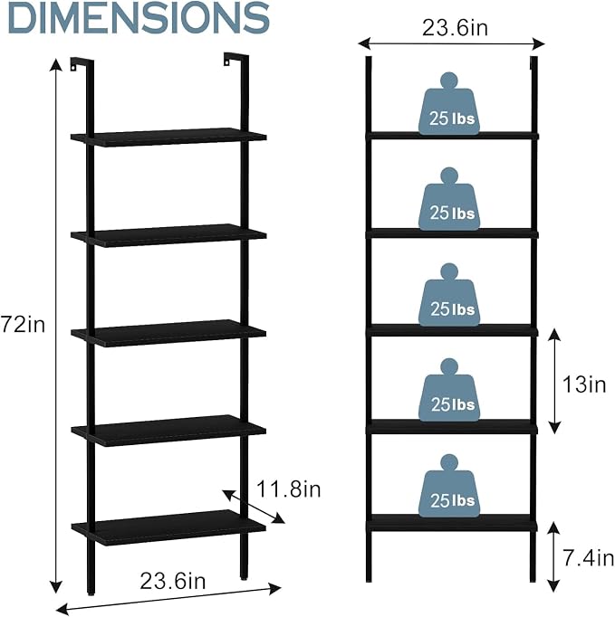 aboxoo Ladder Shelf 2PCS Open Bookshelf 5-Tier Wood Wall-Mounted Black Bookcase - Image 3