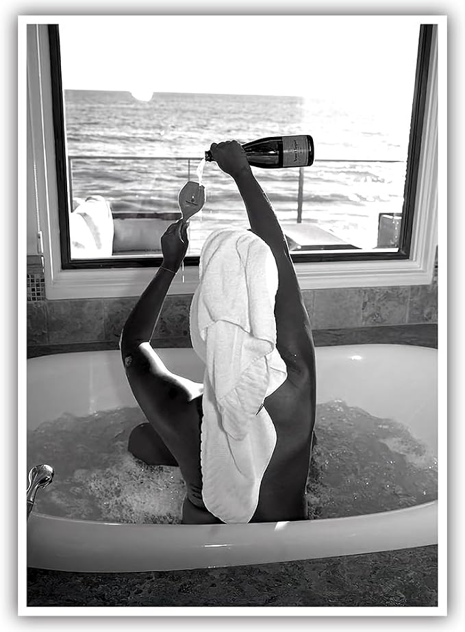 Trendy Black and White Posters Funny Woman Drinking Wine in Bathtub Wall Art by Acqooeakt