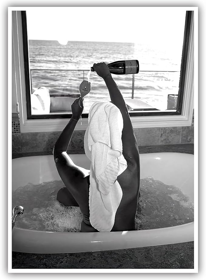 Trendy Black and White Posters Funny Woman Drinking Wine in Bathtub Wall Art by Acqooeakt