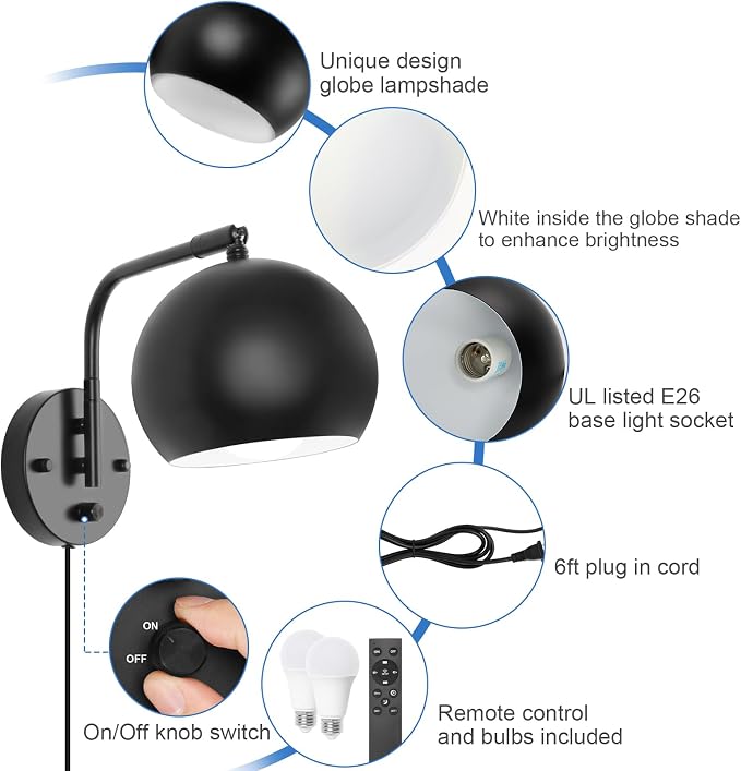 VATONI Wall Sconce with Remote Control, Dimmable Plug in Wall Sconces and - Image 4