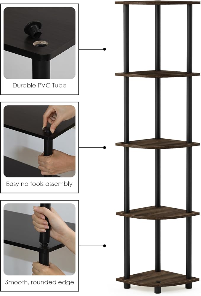 Furinno TURN-N-TUBE Corner Shelf Set of 2, 5-Tier Corner Bookshelf, Open - Image 4