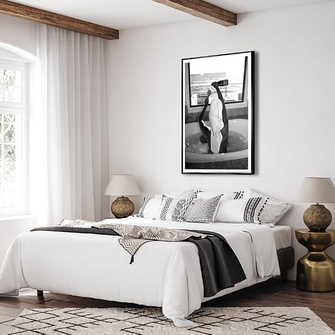 Trendy Black and White Poster Funny Woman Drinking Wine in Bathtub Wall Art - Image 5