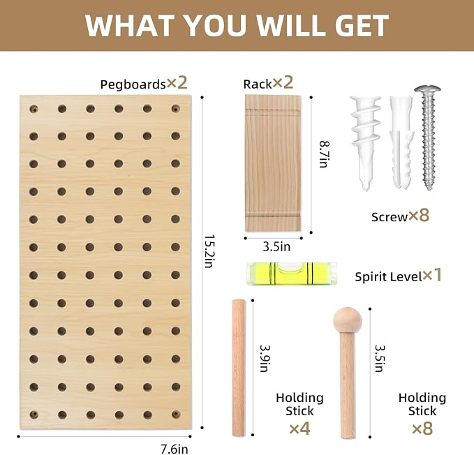 Brown & Beige Wood Pegboard Modular Display Wooden Pegboard Combination Wall - Image 4