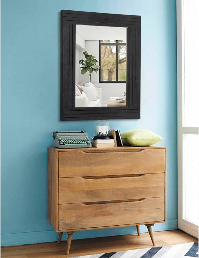 Black Vintage Rustic Wood Framed Wall Mirror Farmhouse Rectanglular Antique - Image 4