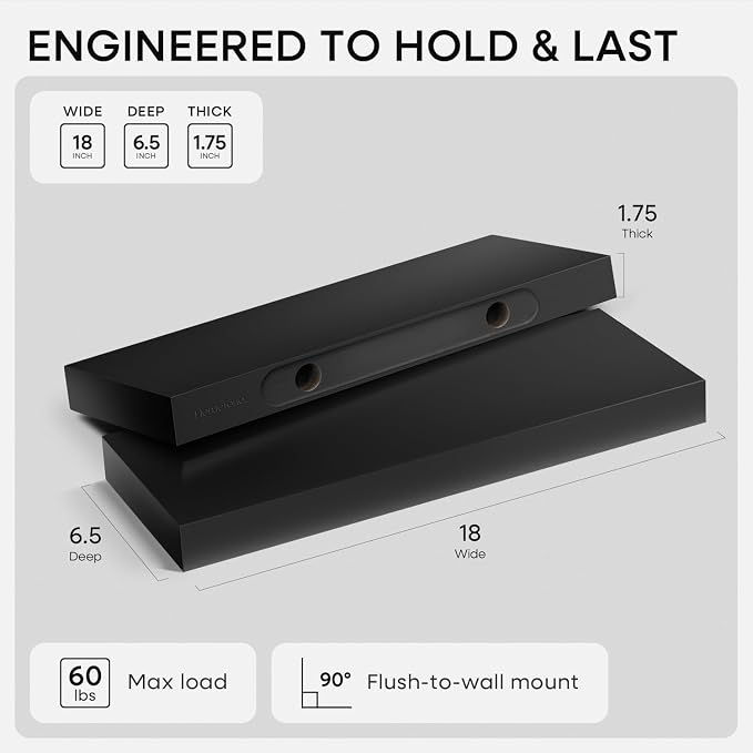 Homeforia Black Floating Shelf 18 inch, High End Solid Real Wood 18inch - Image 3