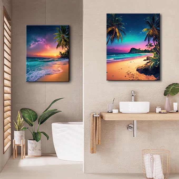Sunset Ocean Canvas Wall Art Tropical Beach Prints Painting Palm Coconut Tree - Image 2