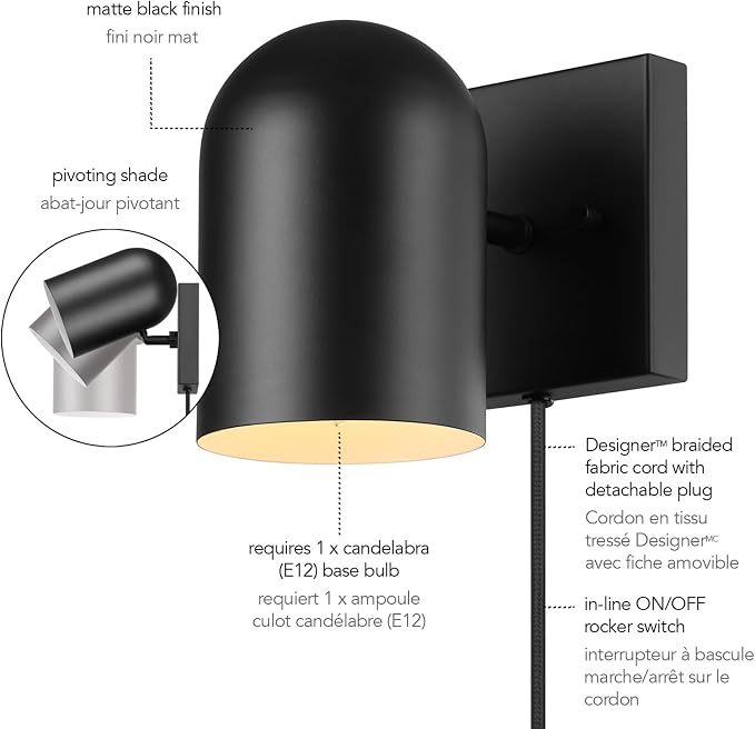 Globe Electric 65000098 1-Light Plug-in or Hardwire Wall Sconce, Matte Black - Image 12