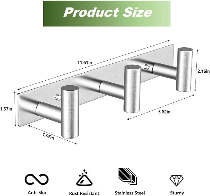 Wall Mounted Coat Rack-3 Hooks, Heavy Duty Stainless Steel Wall Hooks - Image 2