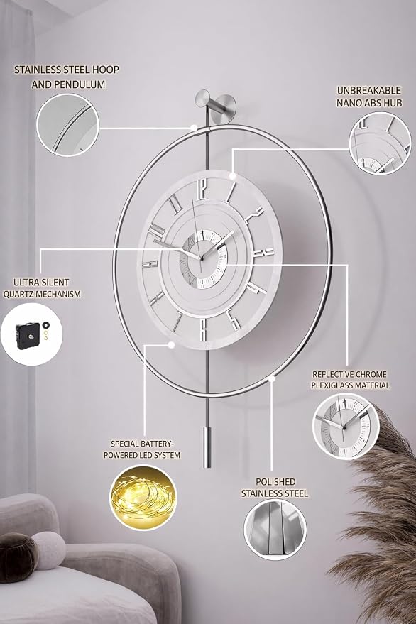 Large Luxury LED Backlit Wall Clock – Pendulum Roman Numeral Metal Ring - Image 3